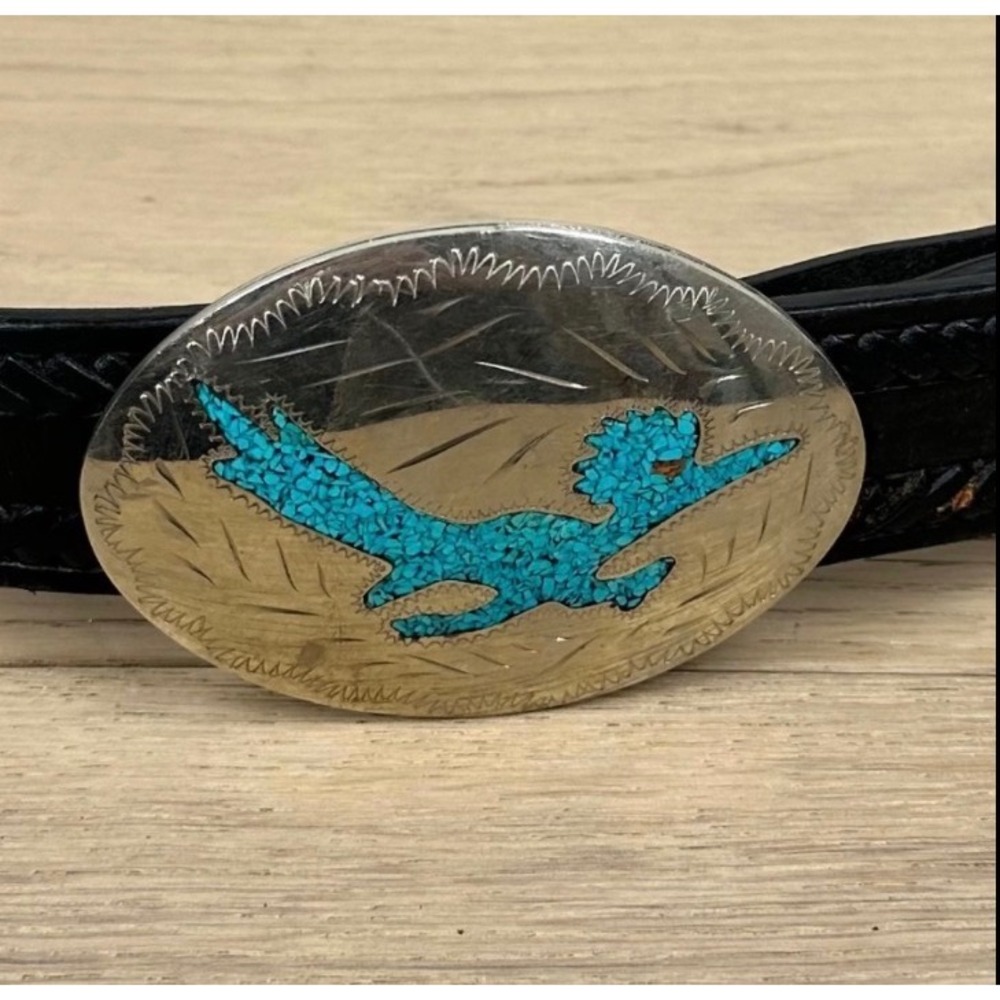 Vintage Southwestern Belt Roadrunner Turquise Inlay Buckle Western Cowboy